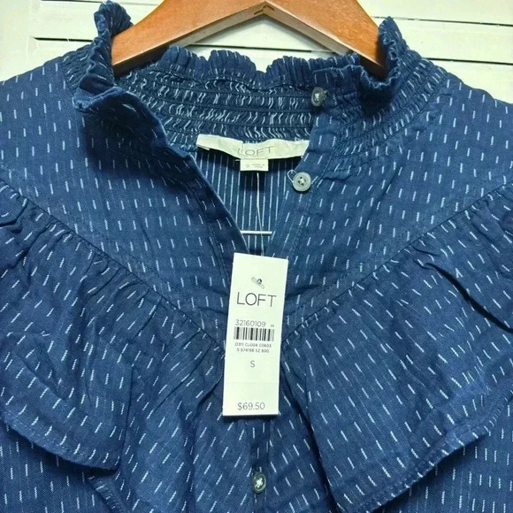NWT LOFT Navy Blue White Pattern Cotton Long Sleeve Ruffle Button Up Blouse S - Picture 4 of 7
